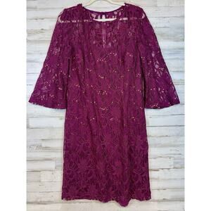 Leslie Fay Burgundy Sequined Lace Dress Sz 14 3/4 Length Flair Bell Sleeves